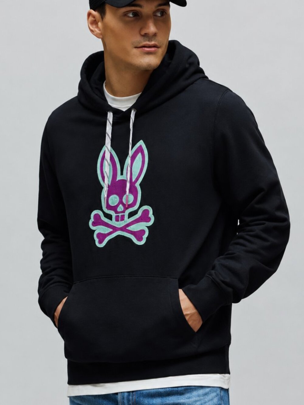 Psycho Bunny Black popover  Hoodie with Pink Trim and White Logo